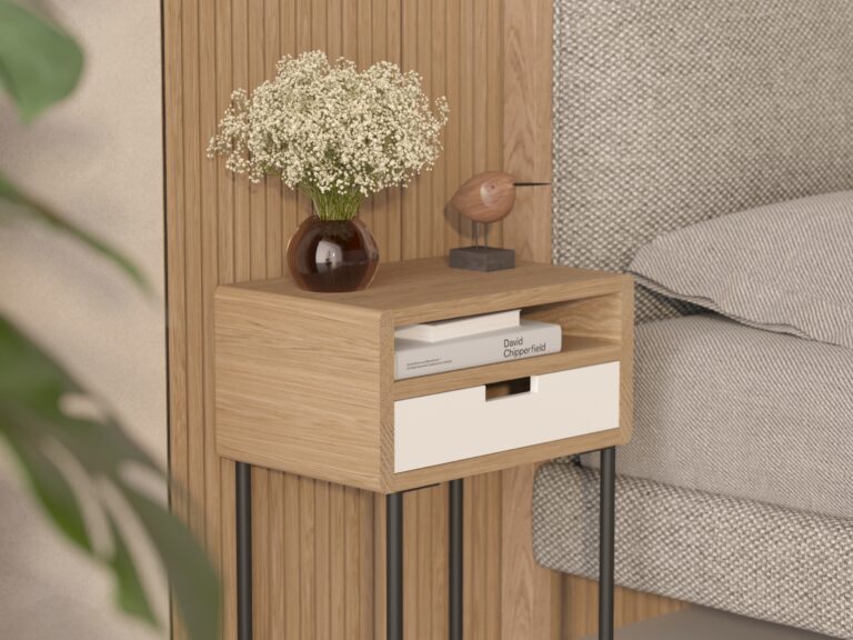 Houten nachtkastje met wit ladefront en metal poten