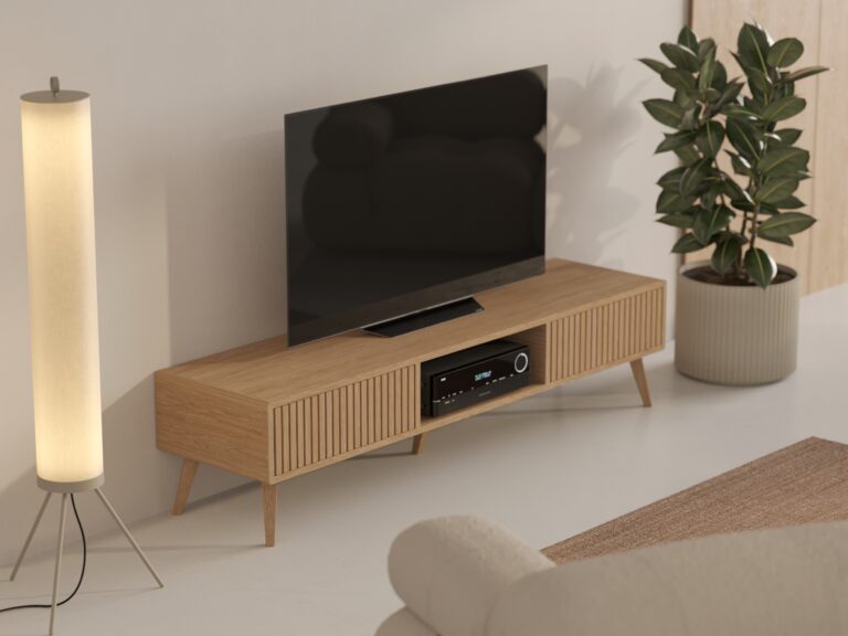 Eiken tv-meubel met eiken lattenfronten, 180 cm