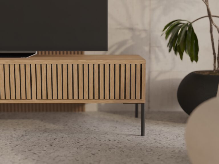 Eiken tv-meubel met eiken lattenfronten, 180 cm