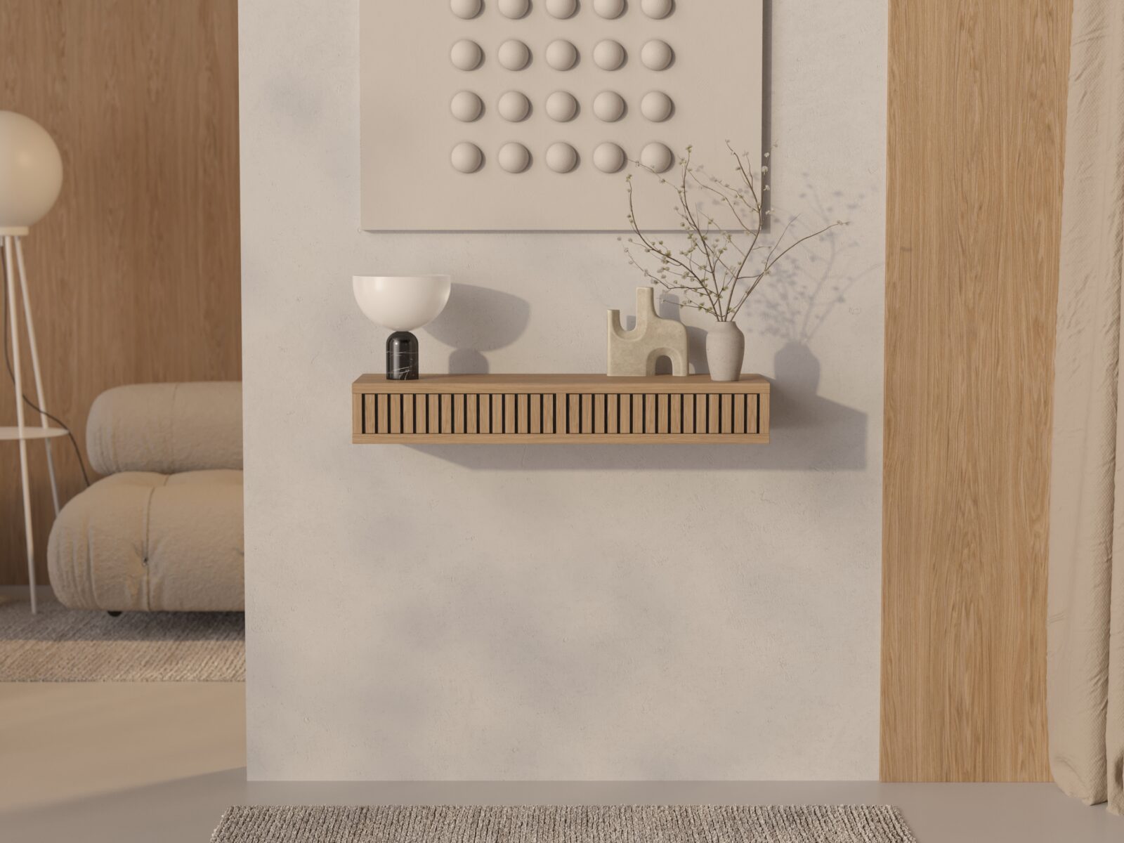 Eiken wandgemonteerde sidetable met eiken lattenfront