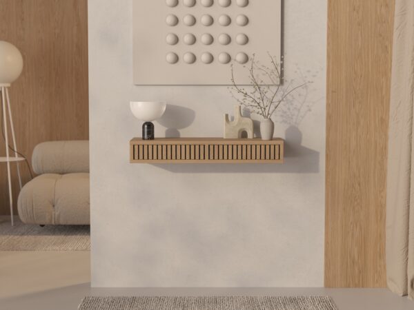 Eiken wandgemonteerde sidetable met eiken lattenfront