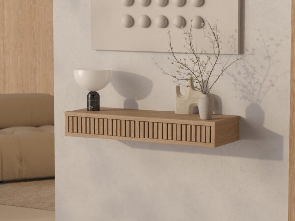 Eiken wandgemonteerde sidetable met eiken lattenfront