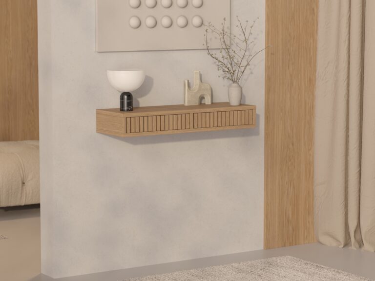 Eiken wandgemonteerde sidetable met eiken lattenfront
