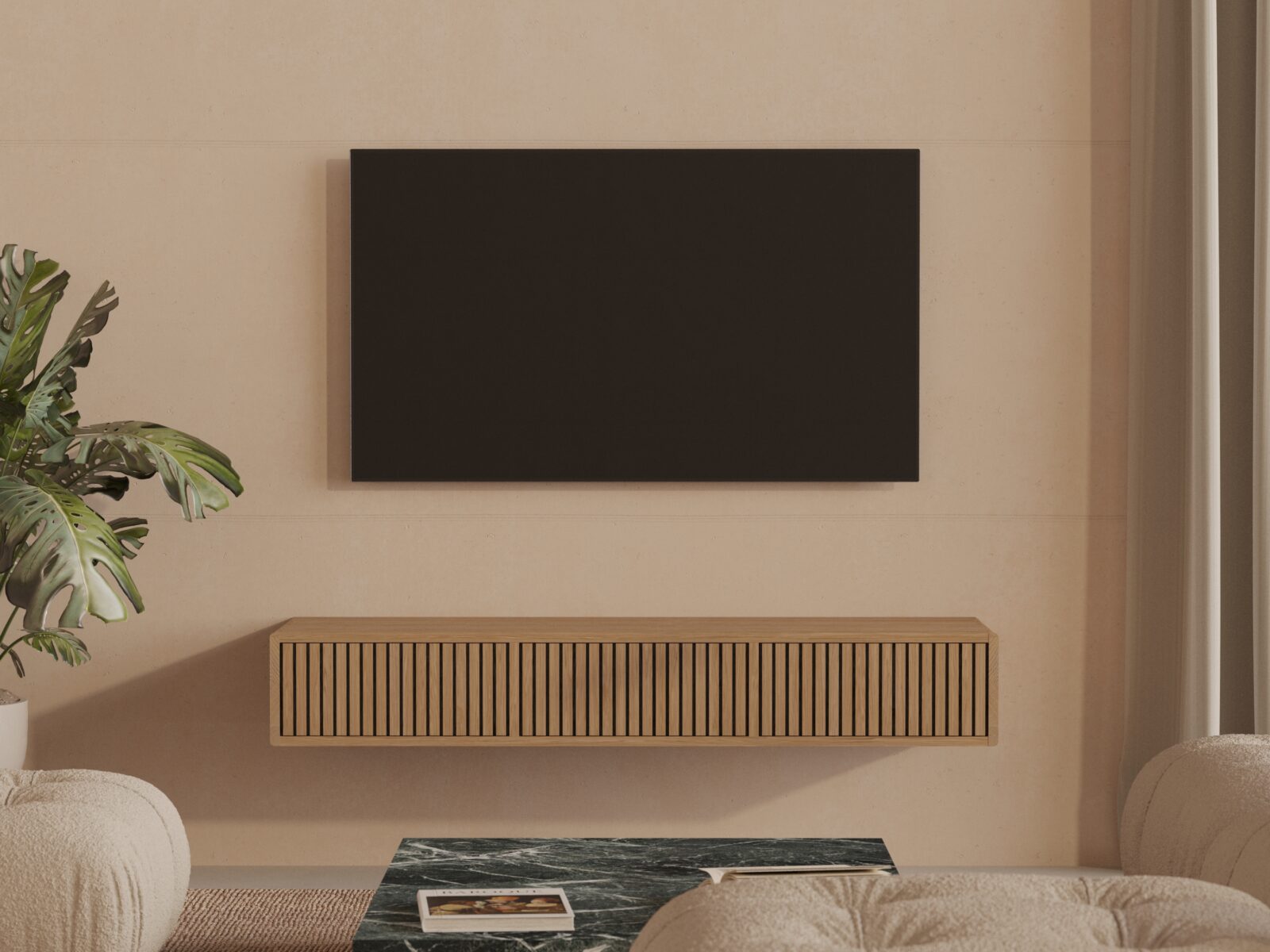 Massief eiken zwevend tv-meubel met eiken lattenfronten, 150 cm