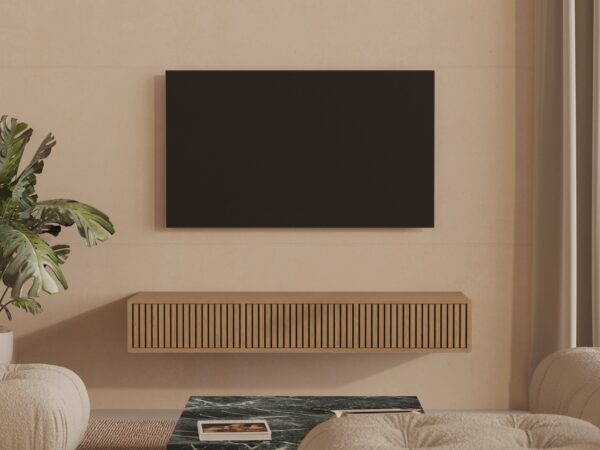 Massief eiken zwevend tv-meubel met eiken lattenfronten, 150 cm