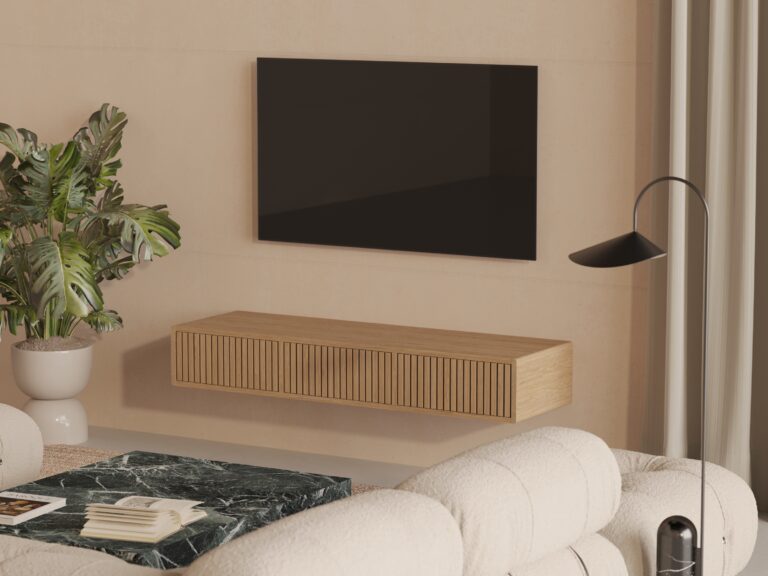 Massief eiken zwevend tv-meubel met eiken lattenfronten, 150 cm