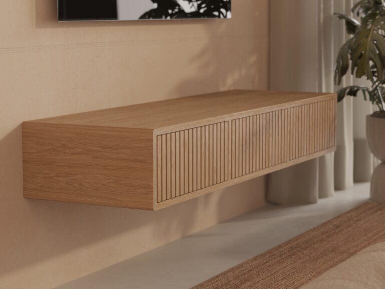 Massief eiken zwevend tv-meubel met eiken lattenfronten, 150 cm