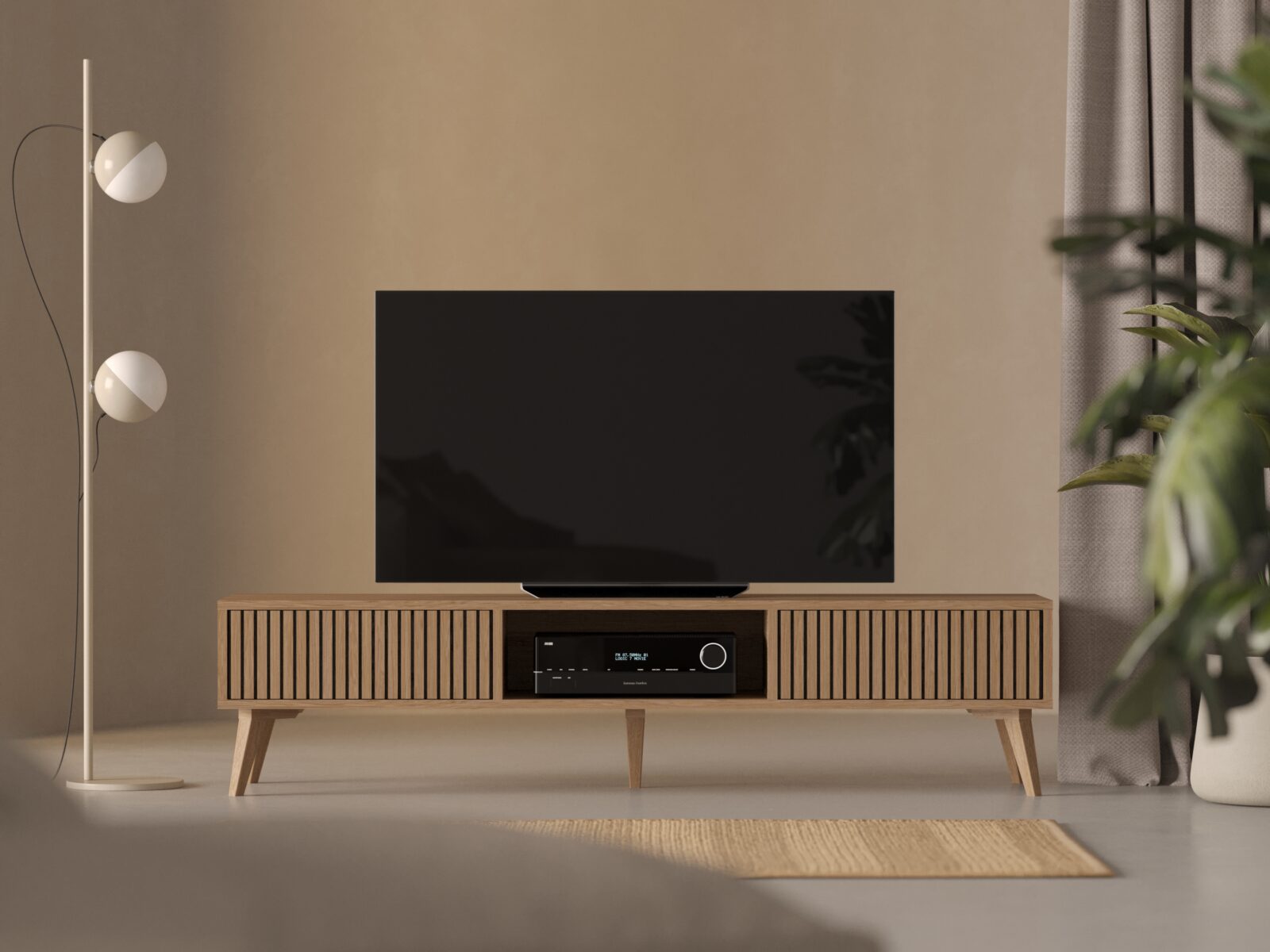 Modern eiken tv-meubel met eiken lattenfronten, 180 x 45 cm