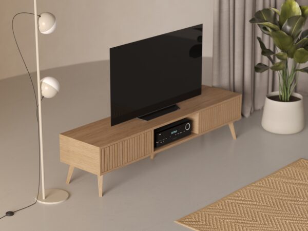 Modern eiken tv-meubel met eiken lattenfronten, 180 x 45 cm