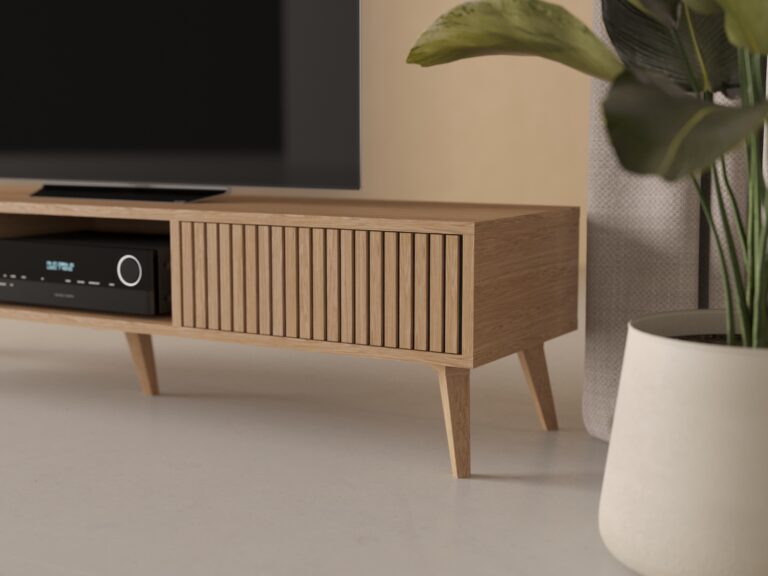 Modern eiken tv-meubel met eiken lattenfronten, 180 x 45 cm