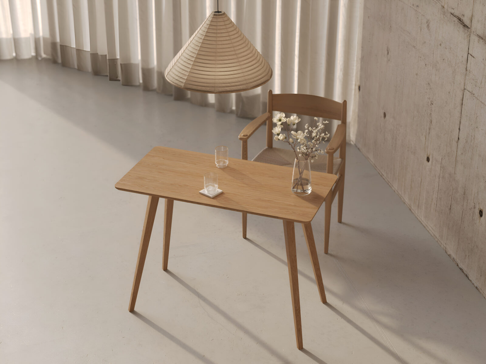 Rechthoekige massief eiken tafel met afgeronde randen