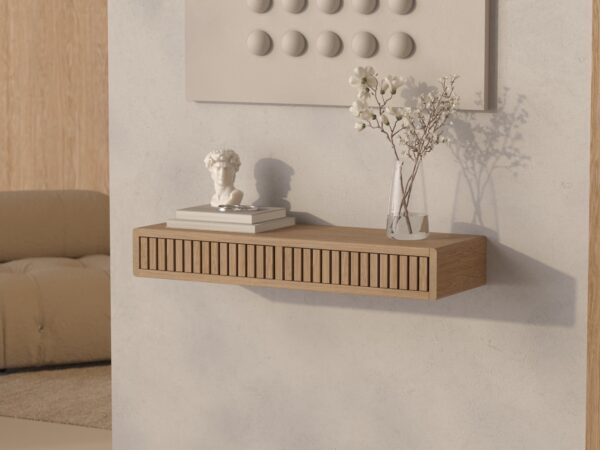 Houten wandgemonteerde sidetable met eiken lattenfronten