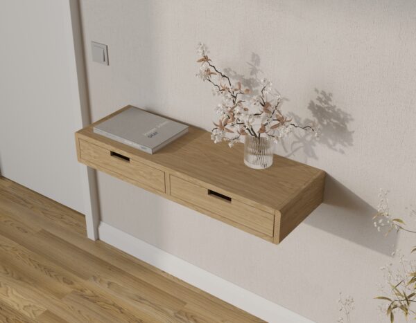 Houten wandgemonteerde sidetable met lades en afgeronde randen, 90 x 30 cm