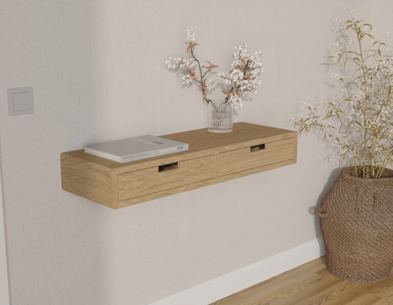 Houten wandgemonteerde sidetable met lades en afgeronde randen, 90 x 30 cm