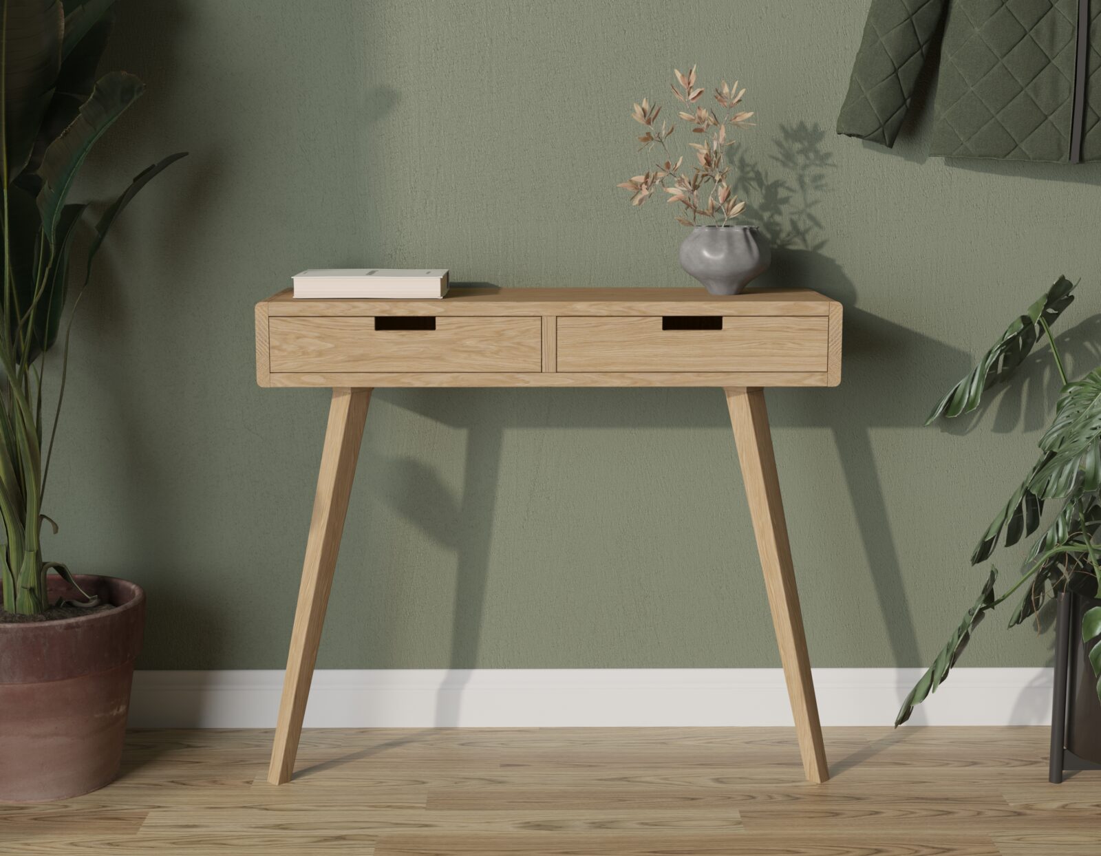 Moderne eiken sidetable met lades, zijkanten van massief eiken en afgeronde randen