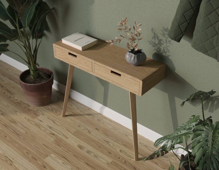 Moderne eiken sidetable met lades, zijkanten van massief eiken en afgeronde randen