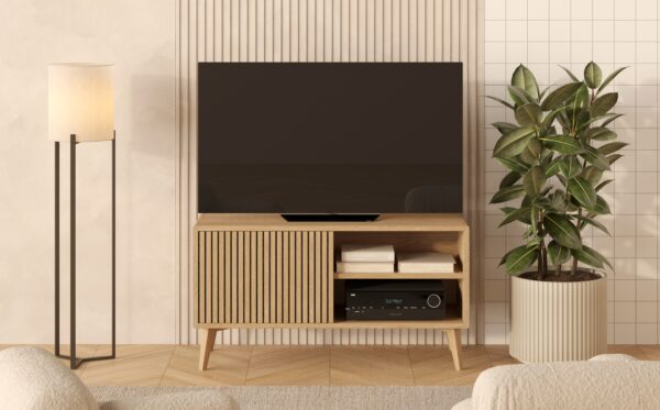 Compact eiken tv-meubel met eiken lattenfronten, 120 x 45 cm