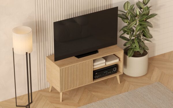 Compact eiken tv-meubel met eiken lattenfronten, 120 x 45 cm