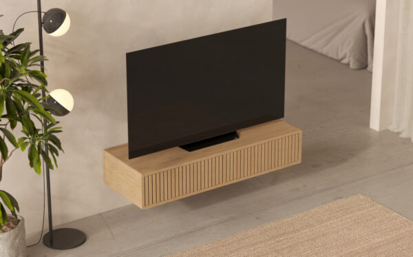 Compact eiken zwevend tv-meubel met eiken lattenfronten, 120 cm