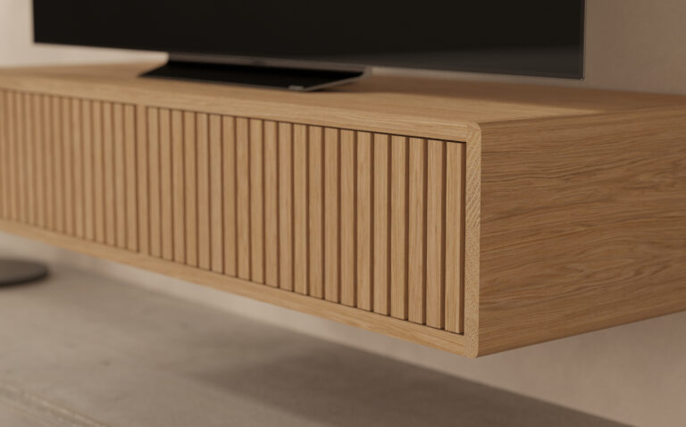 Compact eiken zwevend tv-meubel met eiken lattenfronten, 120 cm