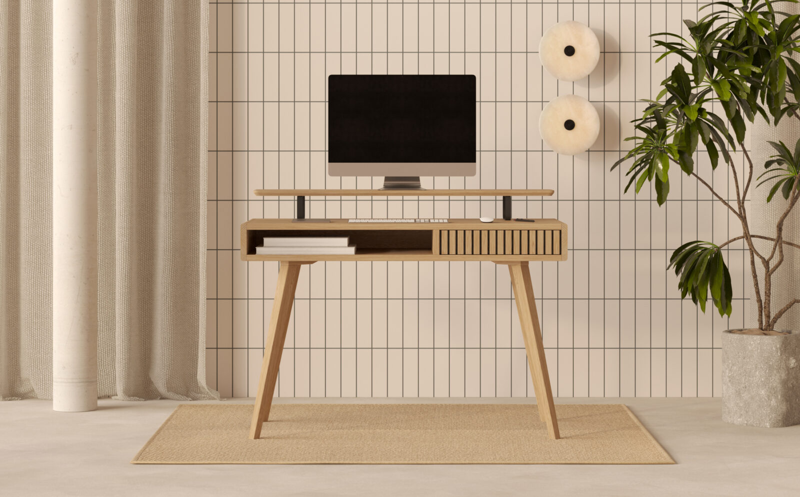 Eiken bureau met eiken lattenfront, 110 cm