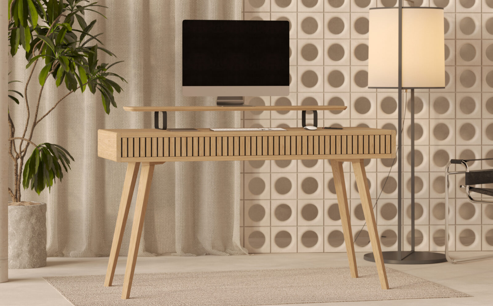 Groot eiken bureau met eiken lattenfronten en 3 lades, 130 cm