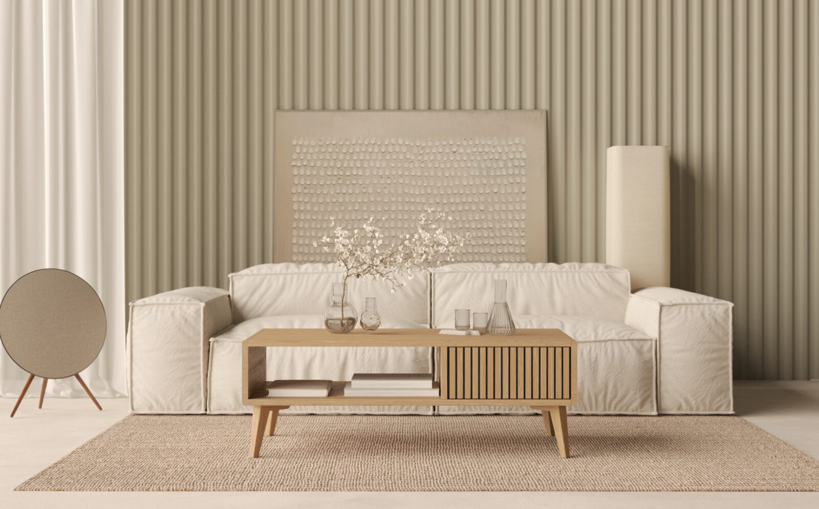 Grote lage rechthoekige eiken salontafel met eiken lattenfront, 120 x 60 cm