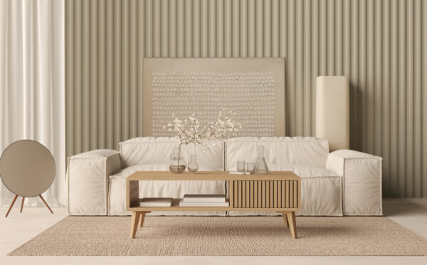 Grote lage rechthoekige eiken salontafel met eiken lattenfront, 120 x 60 cm