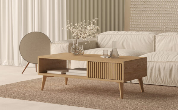 Grote lage rechthoekige eiken salontafel met eiken lattenfront, 120 x 60 cm
