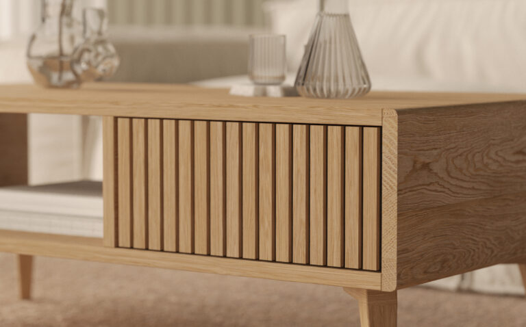 Grote lage rechthoekige eiken salontafel met eiken lattenfront, 120 x 60 cm