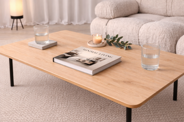Minimalistische lage houten salontafel met metalen poten