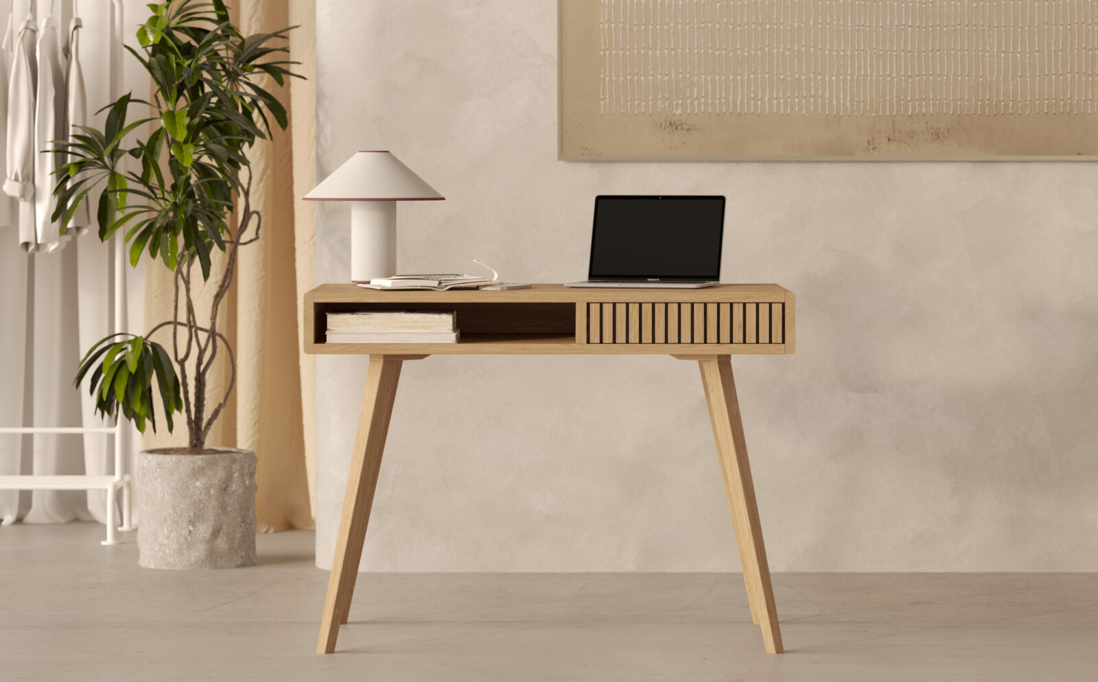 Modern eiken bureau met eiken lattenfront, 100 cm