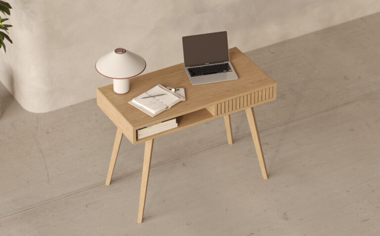 Modern eiken bureau met eiken lattenfront, 100 cm