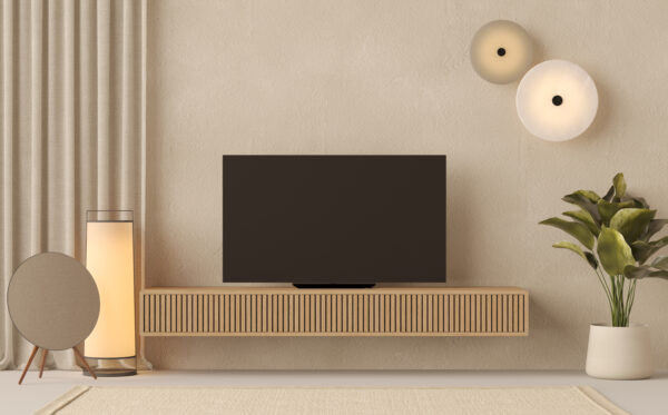 Modern eiken zwevend tv-meubel met eiken lattenfronten, 200 cm