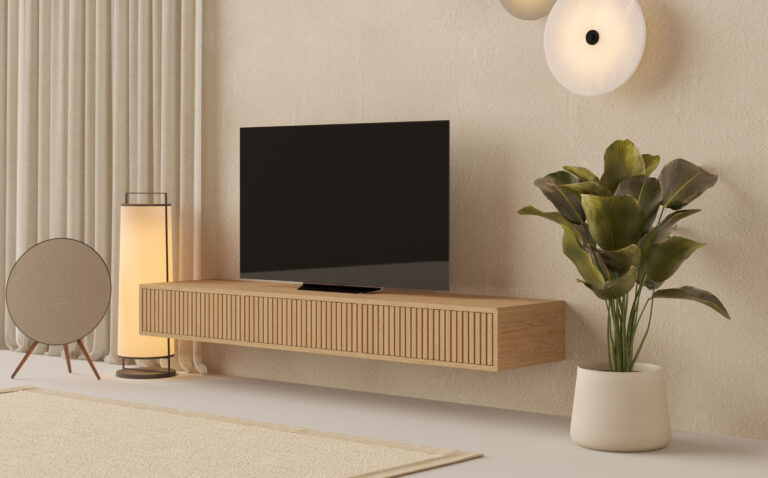 Modern eiken zwevend tv-meubel met eiken lattenfronten, 200 cm