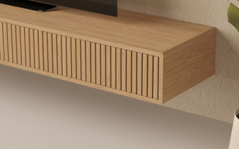 Modern eiken zwevend tv-meubel met eiken lattenfronten, 200 cm