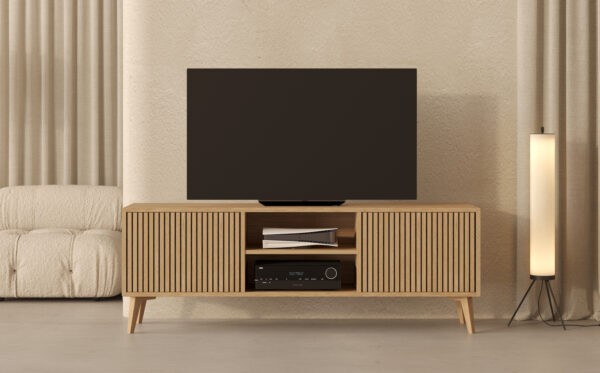 Modern groot eiken tv-meubel met eiken lattenfronten, 180 cm