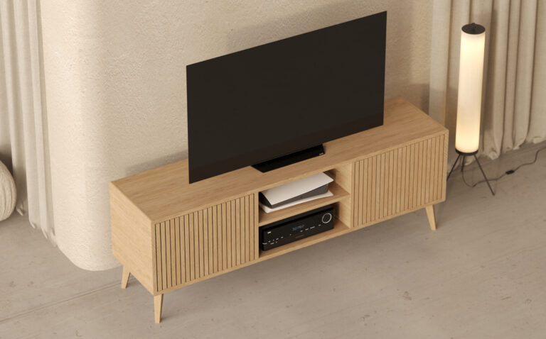 Modern groot eiken tv-meubel met eiken lattenfronten, 180 cm