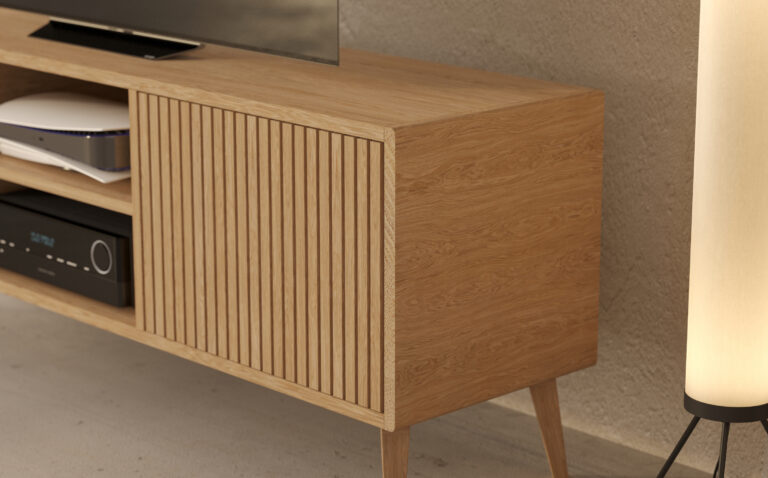 Modern groot eiken tv-meubel met eiken lattenfronten, 180 cm