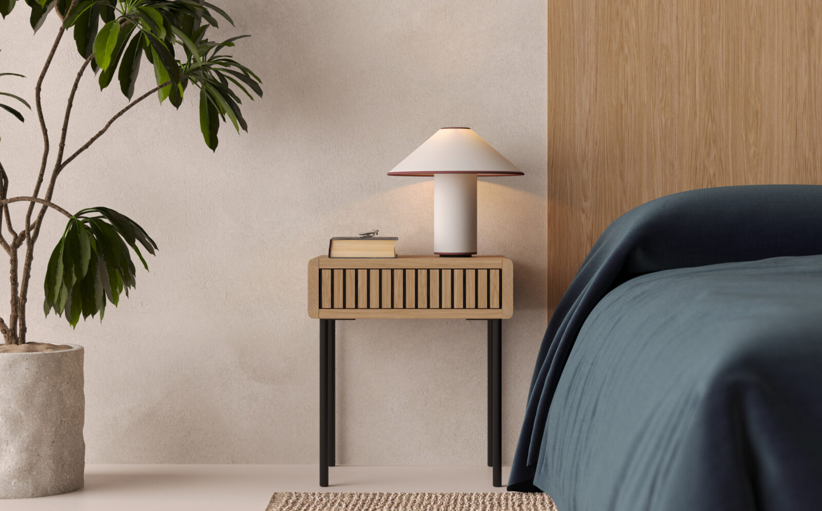 Modern houten nachtkastje met metalen poten