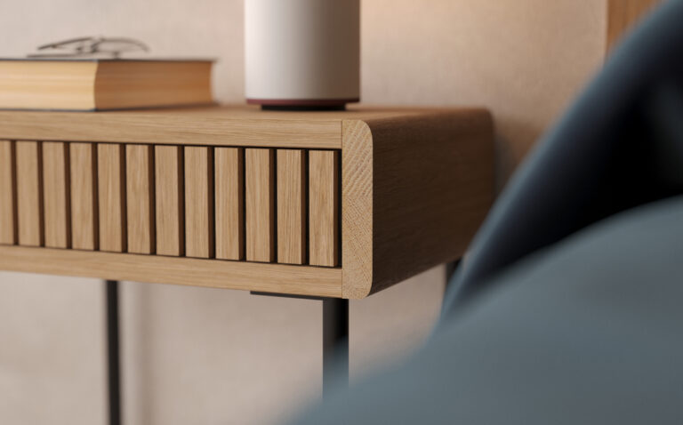 Modern houten nachtkastje met metalen poten
