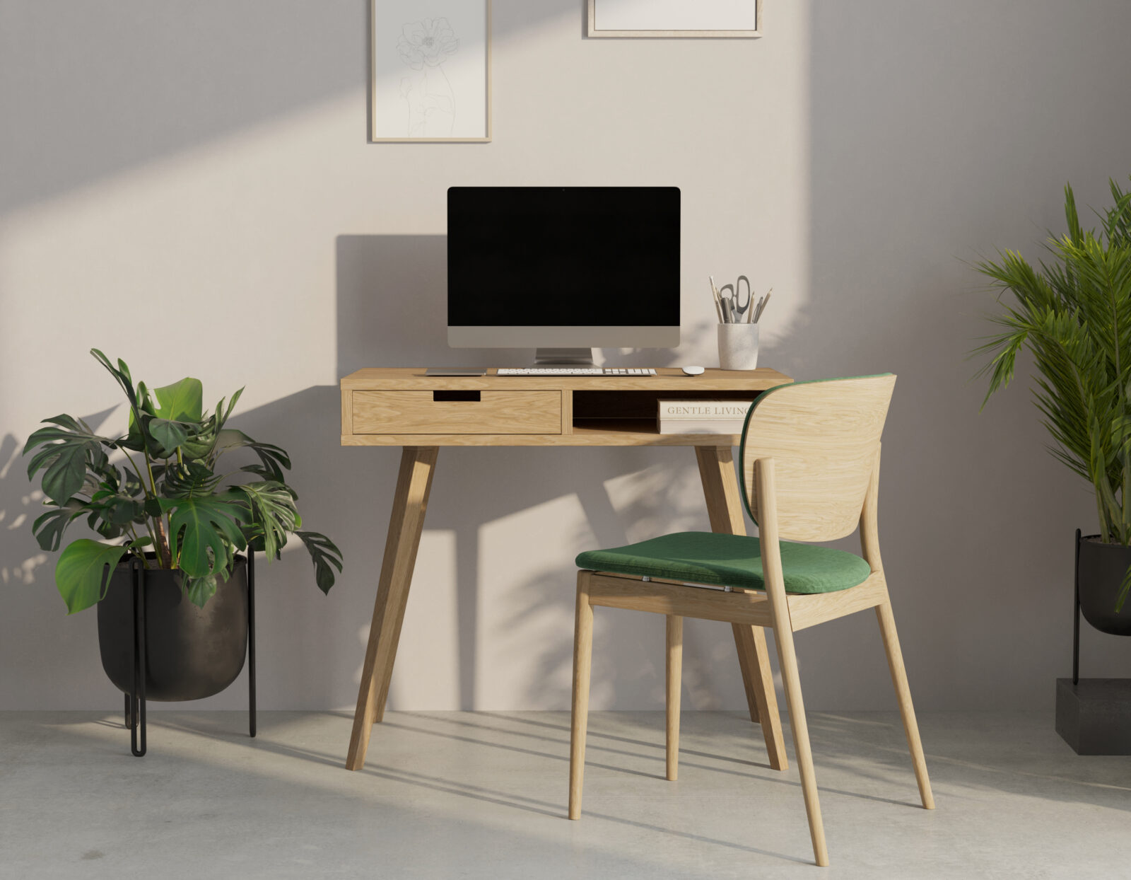 Bureau minimaliste en bois de chêne avec tiroir et étagère