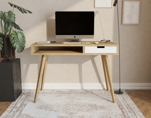 Compact houten bureau met wit ladefront en geïntegreerd open schap, 110 cm