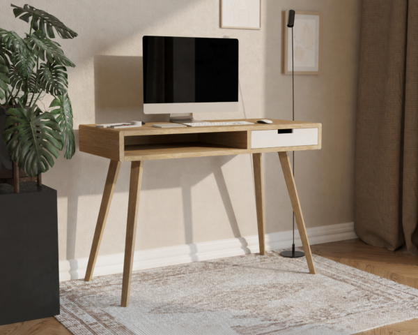 Compact houten bureau met wit ladefront en geïntegreerd open schap, 110 cm