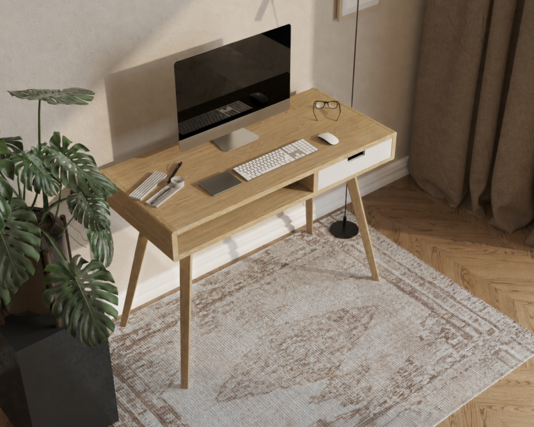 Compact houten bureau met wit ladefront en geïntegreerd open schap, 110 cm