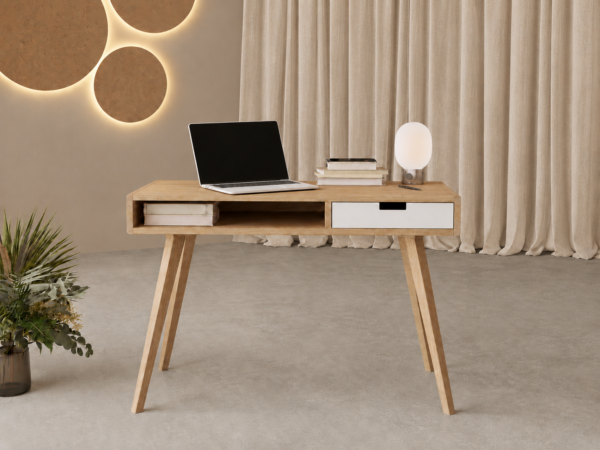 Houten bureau met wit ladefront en geïntegreerd open schap, 100 cm
