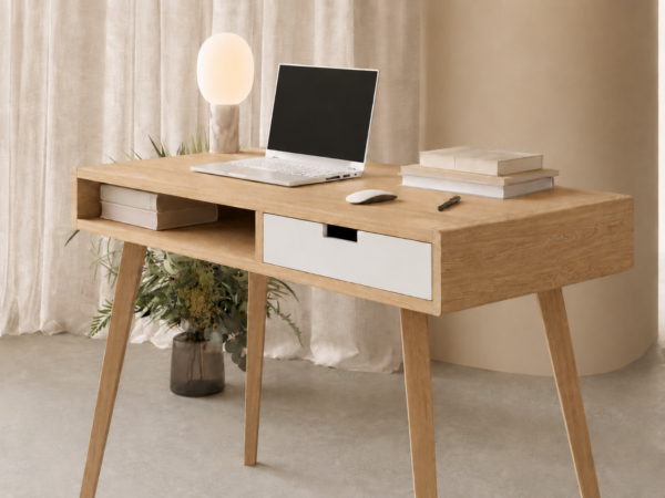Houten bureau met wit ladefront en geïntegreerd open schap, 100 cm