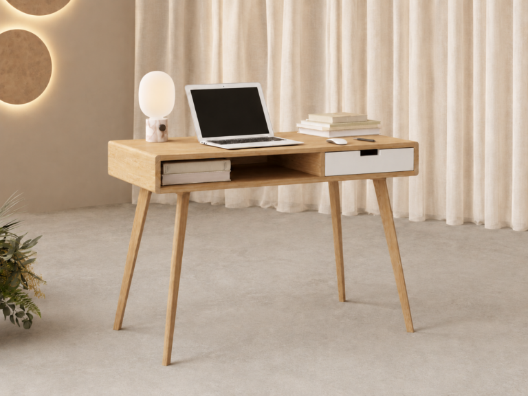 Houten bureau met wit ladefront en geïntegreerd open schap, 100 cm