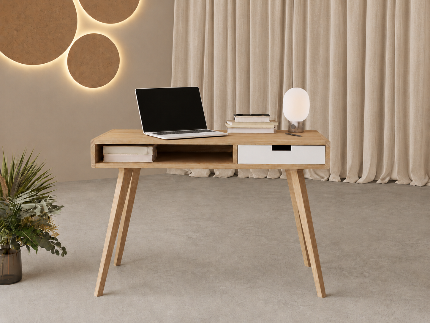 Houten bureau met wit ladefront en geïntegreerd open schap, 100 cm