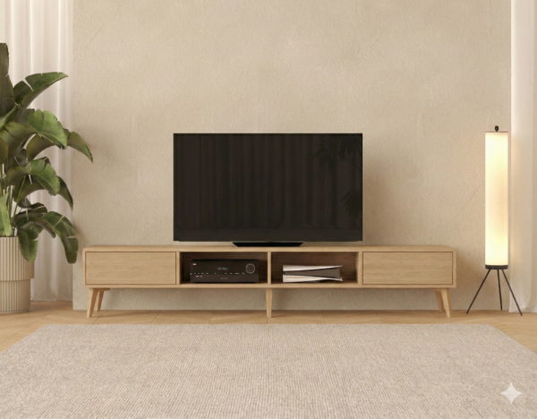 Lang houten tv-meubel met deuren en open schap, 240 cm